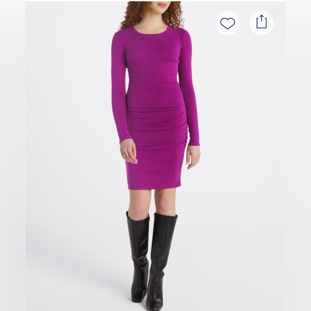 Michael Stars Ruched Fitted Dress Purple Long Sleeve Bodycon Size L